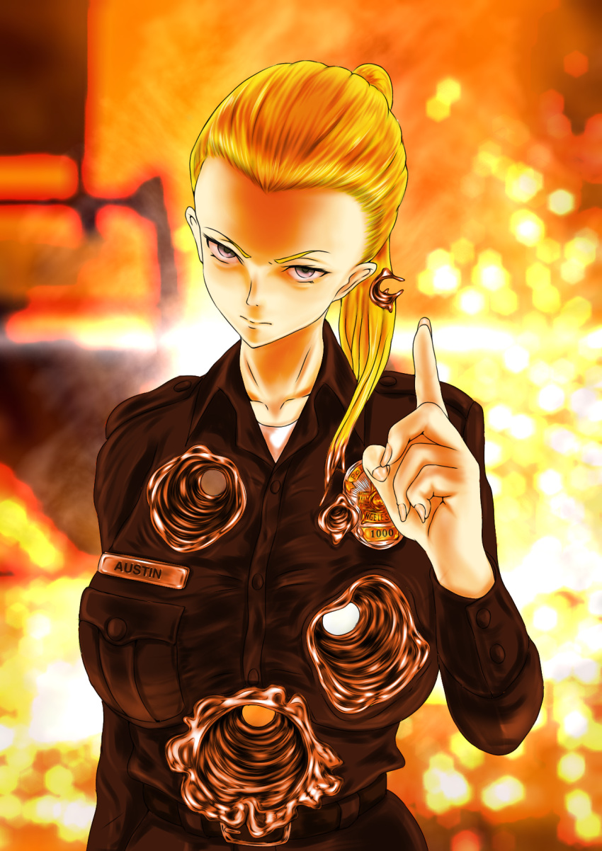 1girl, blue_eyes, blurry, blurry_background, breasts, bullet_hole, closed_mouth, finger_wagging