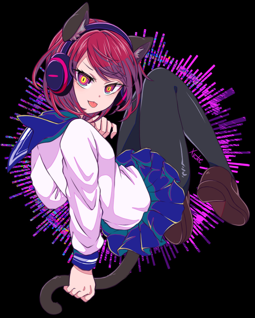 1girl, animal_ear_fluff, animal_ears, black_background, black_pantyhose, blue_skirt, brown_footwear, cat_ears, cat_girl, cat_tail, dj_necojita, eyelashes, headphones, highres, hitnex, multicolored_eyes, pantyhose, pleated_skirt, rapunzelholic, redhead, school_uniform, serafuku, shoes, short_hair, skirt, slit_pupils, solo, tail, tongue, tongue_out