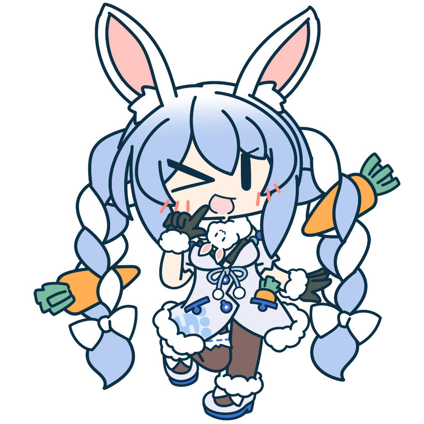 >_<, 1girl, animal_ear_fluff, animal_ears, black_gloves, blue_hair, braid, carrot, carrot_hair_ornament, chibi, food-themed_hair_ornament, full_body, fur-trimmed_gloves, fur_scarf, fur_trim, gloves, hair_ornament, hand_up, hololive, long_hair, looking_at_viewer, multicolored_hair, official_art, one_eye_closed, pantyhose, pointing, pointing_at_self, rabbit_ears, rabbit_girl, solo, standing, standing_on_one_leg, strapless_coat, transparent_background, twin_braids, twintails, usada_pekora, very_long_hair, virtual_youtuber, white_footwear, white_hair, |_|