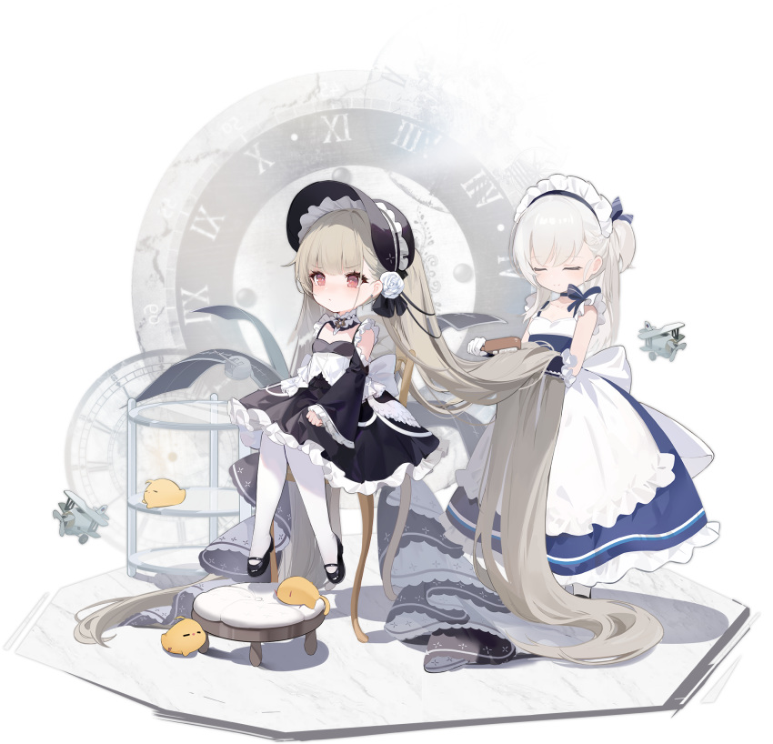 2girls, absurdly_long_hair, aircraft, alarm_clock, apron, azur_lane, black_dress, blue_dress