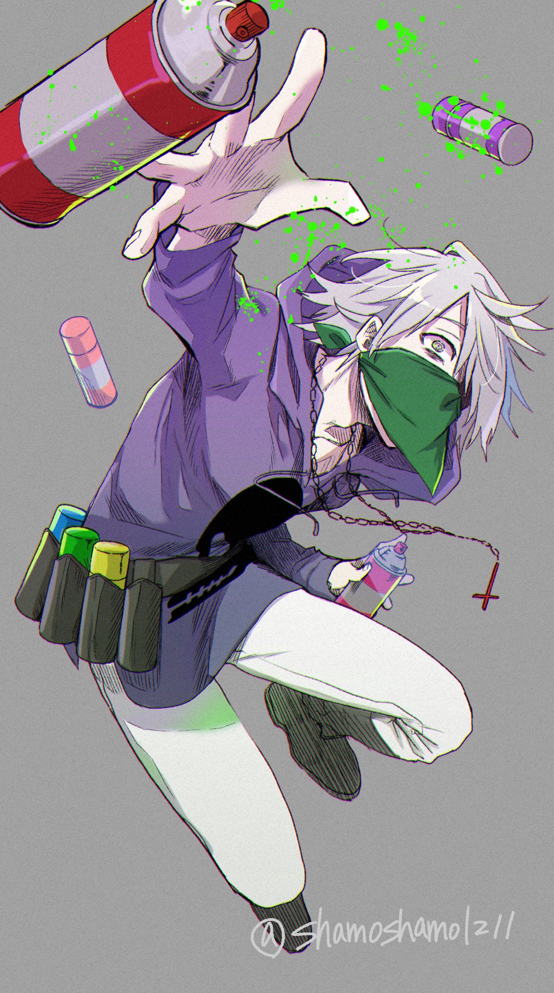 1boy, aerosol, agatha_flattz, bandana, bandana_over_mouth, boots, cross, cross_necklace, highres, higyaku_no_noel, hood, hoodie, jewelry, necklace, purple_hoodie, shamoshamo1211, short_hair, solo, spray_can