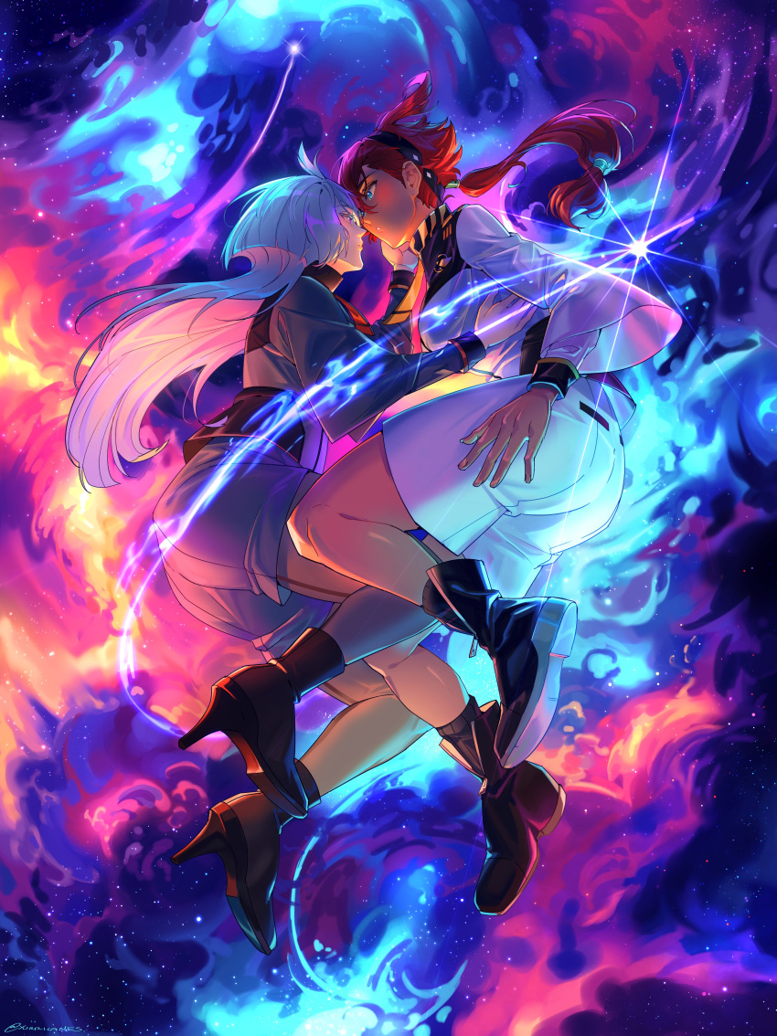 2girls, absurdres, asticassia_school_uniform, boots, dark-skinned_female, dark_skin, floating, galaxy, gundam, gundam_suisei_no_majo, hairband, high_heel_boots, high_heels, highres, imminent_kiss, long_hair, lukapiles, miorine_rembran, multiple_girls, redhead, school_uniform, star_(sky), suletta_mercury, white_hair, yuri