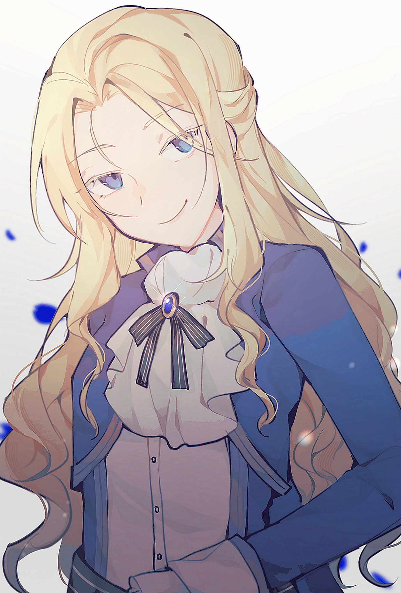 1boy, androgynous, ascot, backlighting, blonde_hair, blue_eyes, blue_jacket, blue_petals