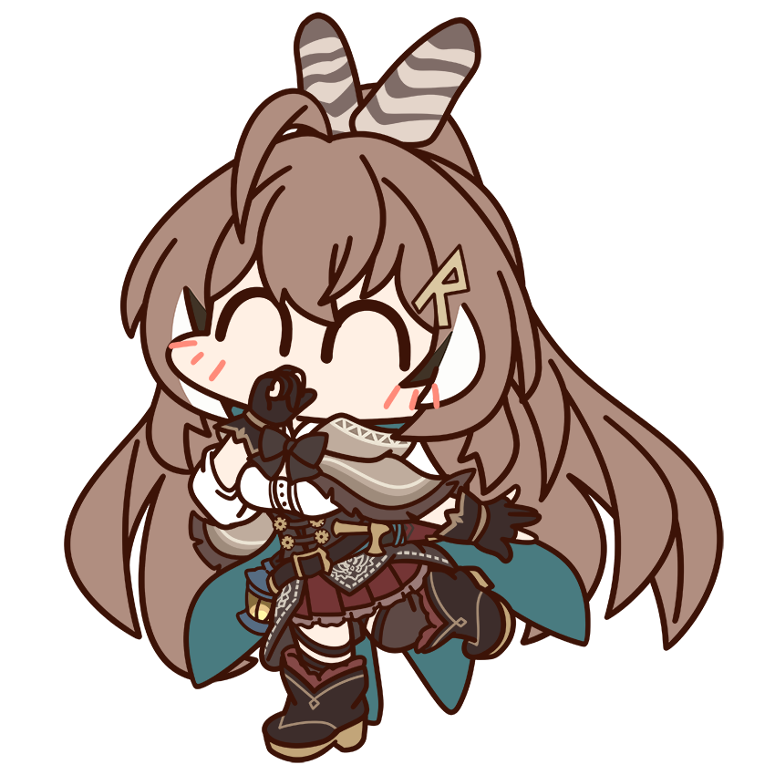 1girl, ^_^, ahoge, belt, black_footwear, black_gloves, boots, brown_capelet