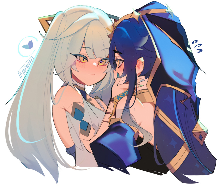 2girls, absurdres, aqua_hair, artist_name, blue_hair, blush, closed_mouth, faruzan_(genshin_impact)
