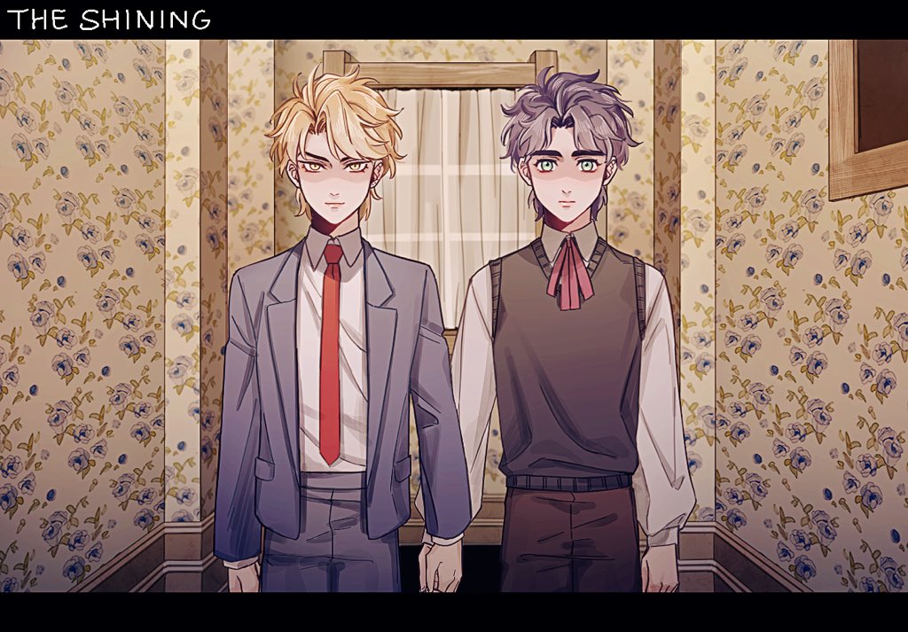 2boys, arms_at_sides, blonde_hair, blue_eyes, blue_hair, blue_jacket, closed_mouth, commentary_request