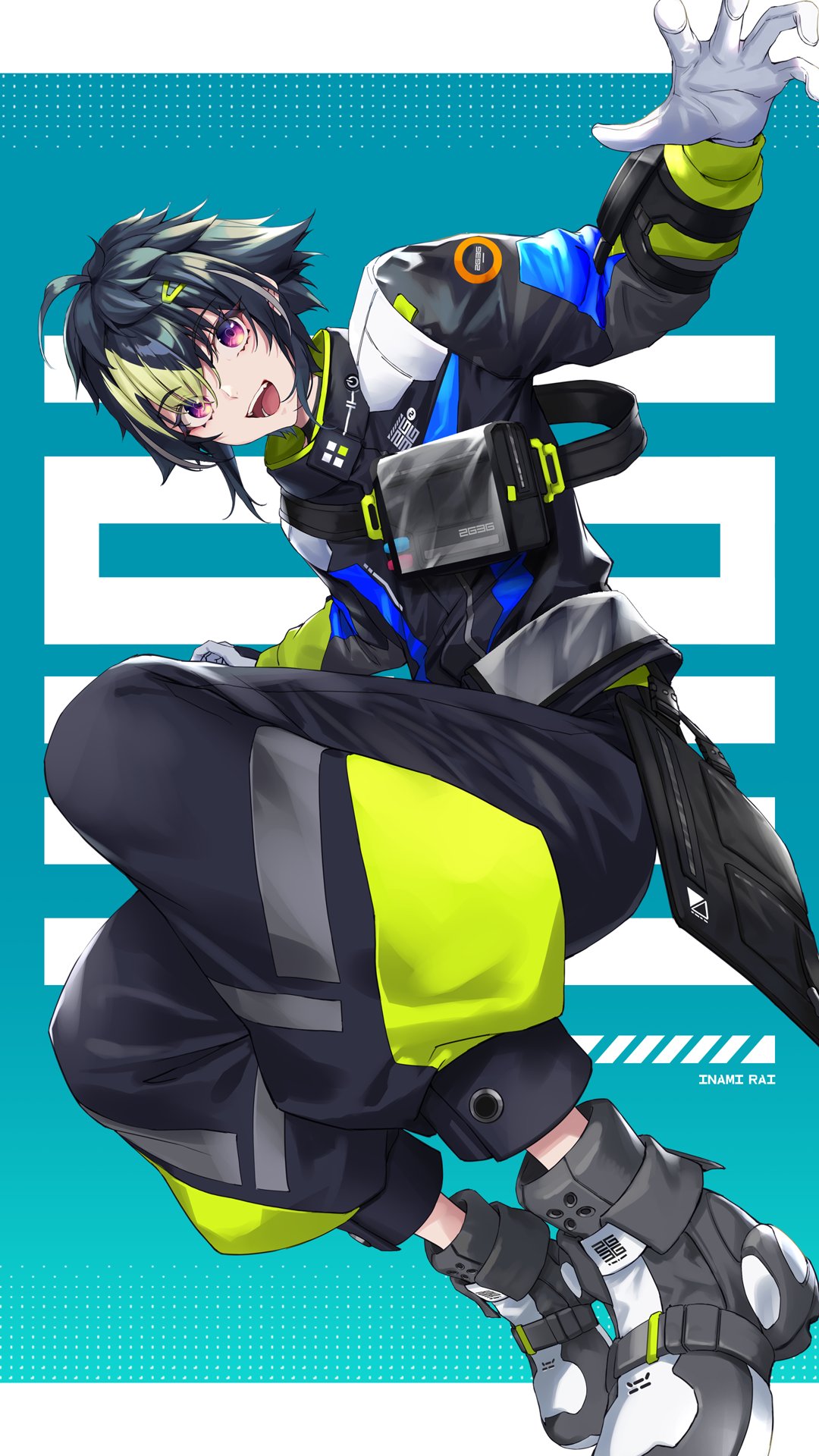 1boy, ahoge, black_hair, black_jacket, black_pants, blue_background, character_name, fukai_ryosuke
