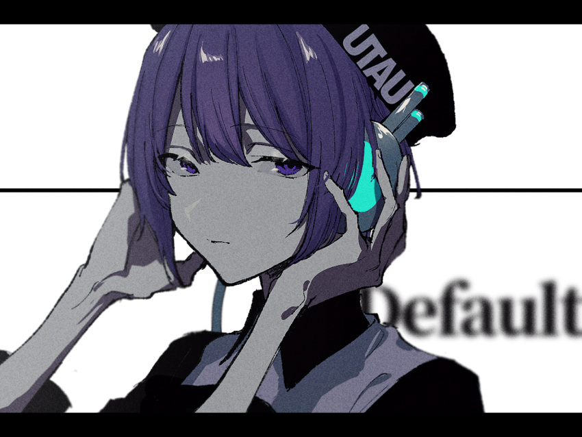 1girl, beret, black_headwear, black_shirt, blurry, blurry_background, closed_mouth, collared_shirt, commentary_request, copyright_name, english_text, expressionless, grey_vest, half-closed_eyes, hands_on_headphones, hands_up, hat, highres, letterboxed, looking_at_viewer, msb_(a47630968), portrait, purple_hair, raised_eyebrows, shirt, short_hair, solo, utane_uta, utau, vest, violet_eyes, whiet_background