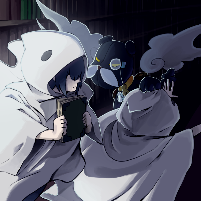 1boy, akuma_(puyopuyo), book, bookshelf, collar, facial_hair, ghost, hair_over_eyes