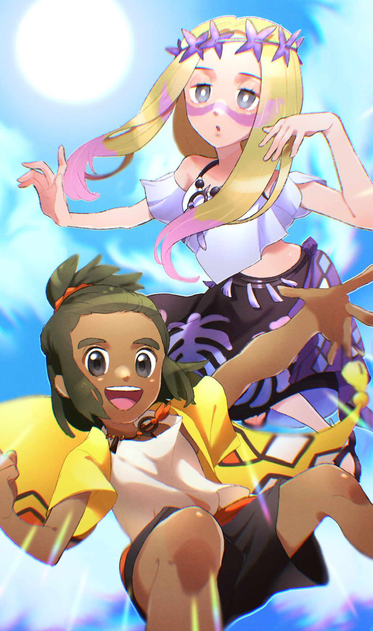 1boy, 1girl, aria_pkmn, blonde_hair, blue_sky, dark-skinned_male, dark_skin, green_hair