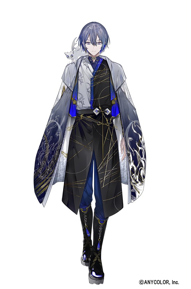 1boy, belt, black_belt, black_footwear, black_shirt, blue_coat, blue_hair, blue_pants