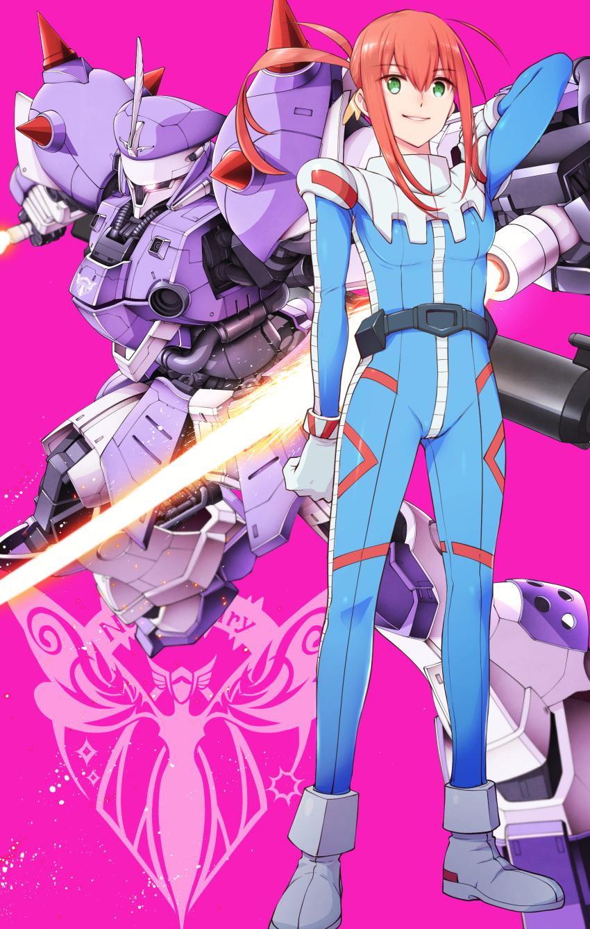 1girl, absurdres, alma_stirner, beam_saber, commentary, dual_wielding, energy_sword, glowing, glowing_eye, grin, gundam, gundam_battle_operation_code_fairy, helmet, highres, holding, holding_helmet, holding_sword, holding_weapon, looking_at_viewer, mecha, mobile_suit, one-eyed, orange_hair, pink_background, pink_eyes, robot, sidelocks, smile, standing, sword, takagi_shuei, titania_(code_fairy), weapon