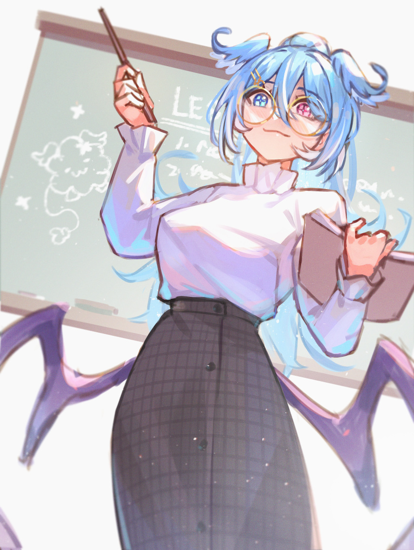 1girl, 1other, absurdres, baton, blue_hair, blue_wings, blush, book, bow, bow_earrings, breasts, brown_cardigan, brown_skirt, buttons, cardigan, chalkboard, checkered_clothes, checkered_skirt, collar, earrings, elira_pendora, elira_pendora_(3rd_costume), famelira_(elira_pendora), frilled_collar, frills, from_below, glasses, hair_between_eyes, hair_ornament, hairclip, head_wings, high_ponytail, highres, holding, holding_book, jewelry, large_breasts, long_hair, long_skirt, long_sleeves, looking_at_viewer, maplesights, multicolored_hair, nijisanji, nijisanji_en, official_alternate_costume, official_alternate_hairstyle, round_eyewear, shirt_tucked_in, skirt, sleeves_past_fingers, sleeves_past_wrists, smile, sweater, teacher, teaching, virtual_youtuber, white_background, white_hair, white_sweater, wings