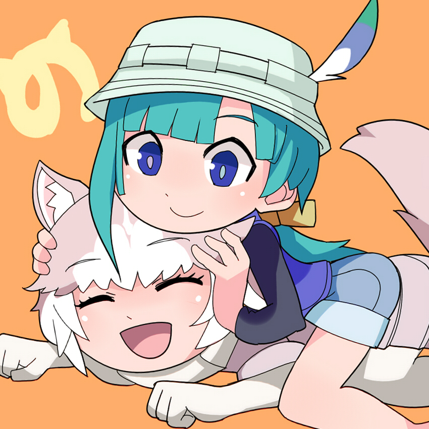 2girls, :d, animal_ear_fluff, animal_ears, asymmetrical_hair, black_shirt, blue_eyes, blue_hair, blush, brown_hair, bucket_hat, closed_eyes, closed_mouth, commentary_request, dog_(mixed_breed)_(kemono_friends), dog_ears, dog_girl, dog_tail, feet_out_of_frame, grey_headwear, hands_on_another's_head, hat, hat_feather, hospital_king, hug, japari_symbol, kemono_friends, kemono_friends_r, looking_at_another, medium_bangs, multicolored_hair, multiple_girls, open_mouth, orange_background, purple_vest, shirt, short_hair, smile, tackle, tail, tomoe_(kemono_friends)_(niconico88059799), two-tone_hair, vest, white_hair