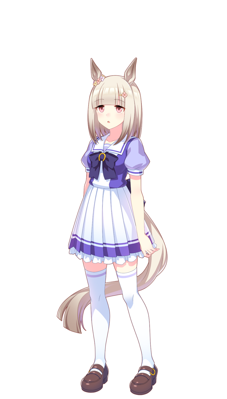 1girl, animal_ears, flower, full_body, hair_flower, hair_ornament, hairclip, happy_meek_(umamusume), highres, horse_ears, horse_tail, light_brown_hair, long_hair, official_art, pink_eyes, school_uniform, serafuku, shoes, skirt, solo, summer_uniform, tail, thigh-highs, tracen_school_uniform, transparent_background, trimmed_tail, umamusume, white_skirt, white_thighhighs