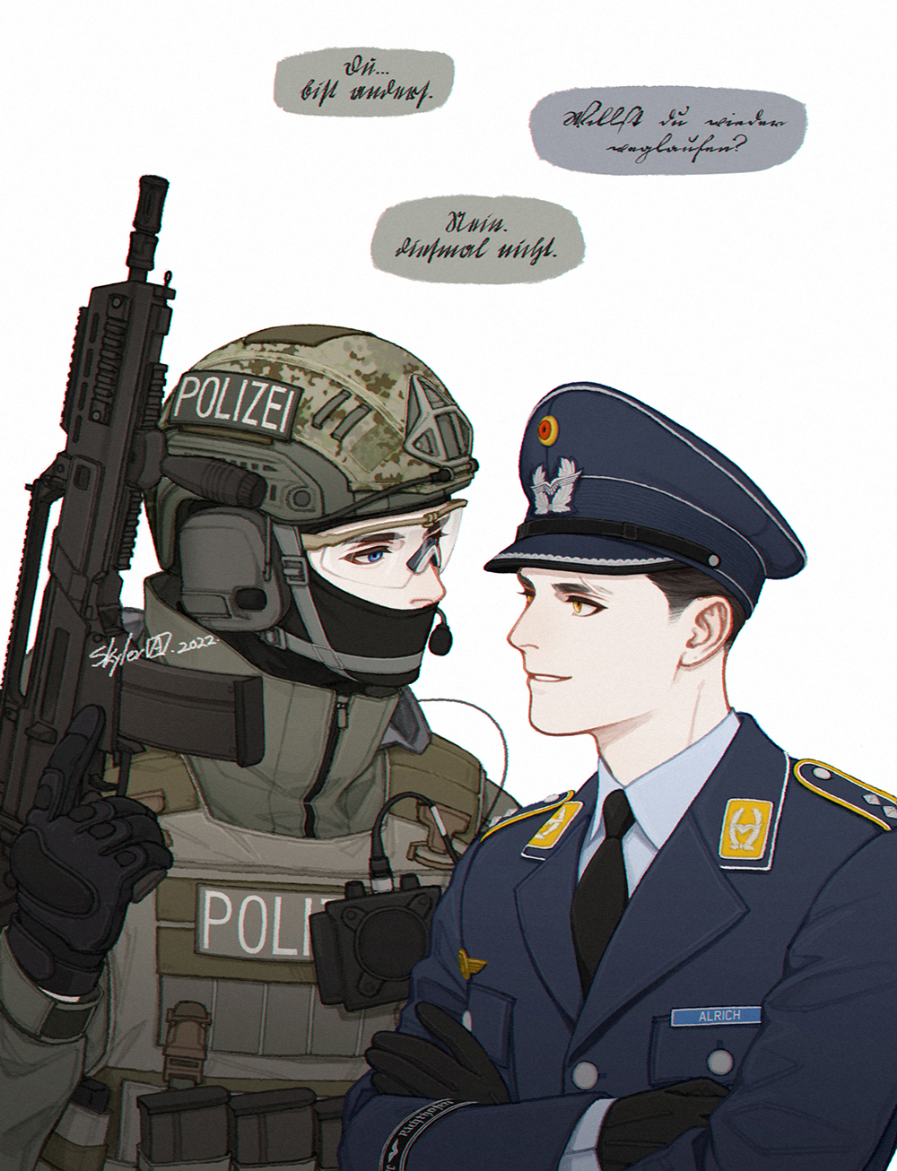 2022, 2boys, alternate_universe, ammunition_pouch, badge, balaclava, black_gloves, black_hair, black_necktie, blue_eyes, blue_headwear, blue_jacket, body_armor, breast_pocket, brown_headwear, brown_jacket, bundespolizei, buttons, camouflage, camouflage_headwear, character_name, chin_strap, chinese_commentary, clothes_writing, collar_tabs, collared_shirt, combat_helmet, commentary_request, covered_mouth, crossed_arms, cursive, english_commentary, from_side, german_commentary, german_text, germany, gloves, gun, h&amp;k_g36c, handle, hat, hat_ornament, headset, headwear_writing, highres, holding, holding_gun, holding_weapon, insignia, jacket, lapels, load_bearing_vest, long_sleeves, looking_at_another, looking_to_the_side, luftwaffe, magazine_(weapon), male_focus, microphone, military, military_hat, military_jacket, military_uniform, multiple_boys, name_tag, necktie, nose, notched_lapels, officer, original, parted_lips, partial_commentary, partially_translated, plate_carrier, pocket, police, pouch, shirt, shooting_glasses, short_hair, signature, simple_background, skyleranderton, smile, snap-fit_buckle, tactical_clothes, translation_request, trigger_discipline, turtleneck, uniform, vertical_foregrip, very_short_hair, weapon, white_background, white_shirt, yellow_eyes, zipper