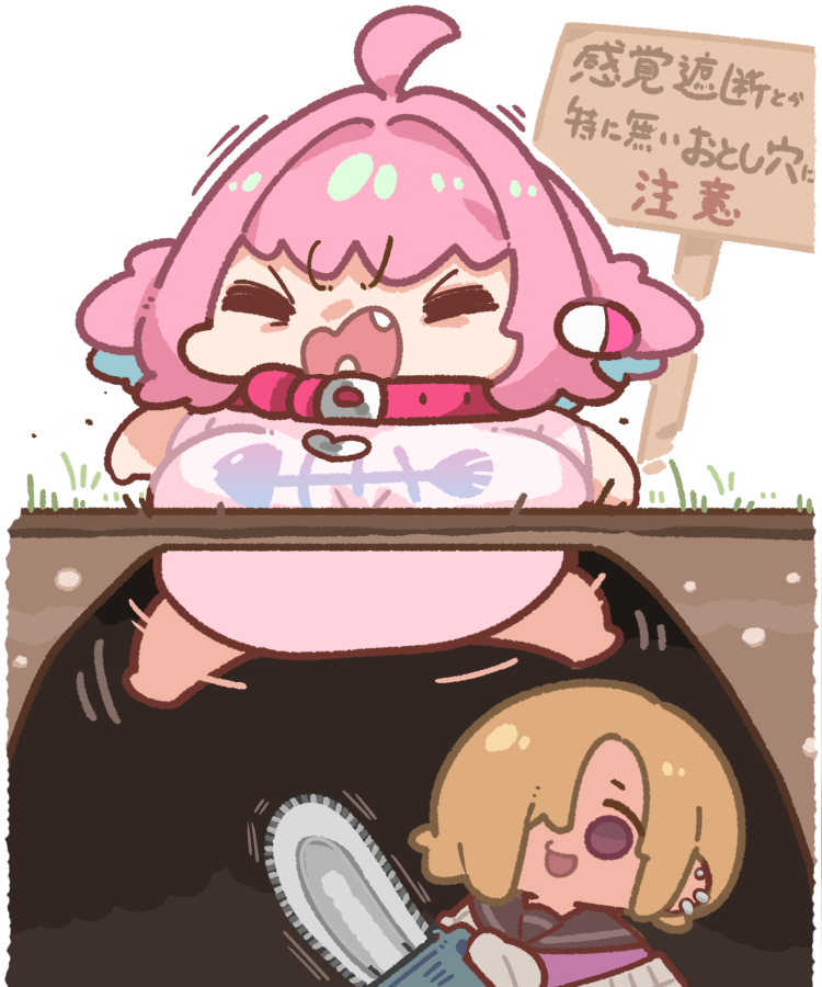 2girls, ahoge, animal_print, barefoot, blonde_hair, breasts, chainsaw, chibi
