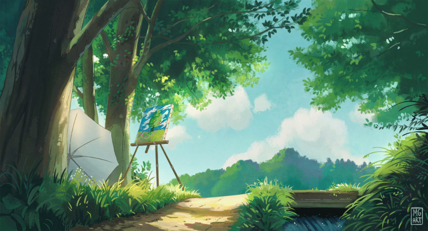 artist_name, blue_sky, canvas_(object), clouds, cloudy_sky, commentary, day, english_commentary