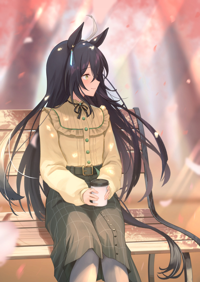 1girl, ahoge, animal_ears, bench, black_hair, casual, coffee_cup, cup