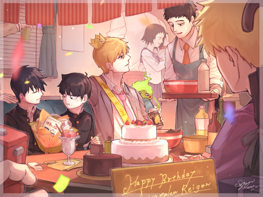 1girl, 6+boys, apron, aya_shiro423, beer_can, black_hair, blonde_hair, blue_skirt