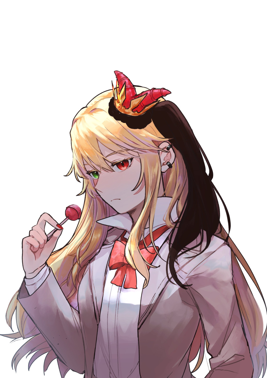 1girl, absurdres, blonde_hair, bow, bowtie, brown_hair, candy, closed_mouth