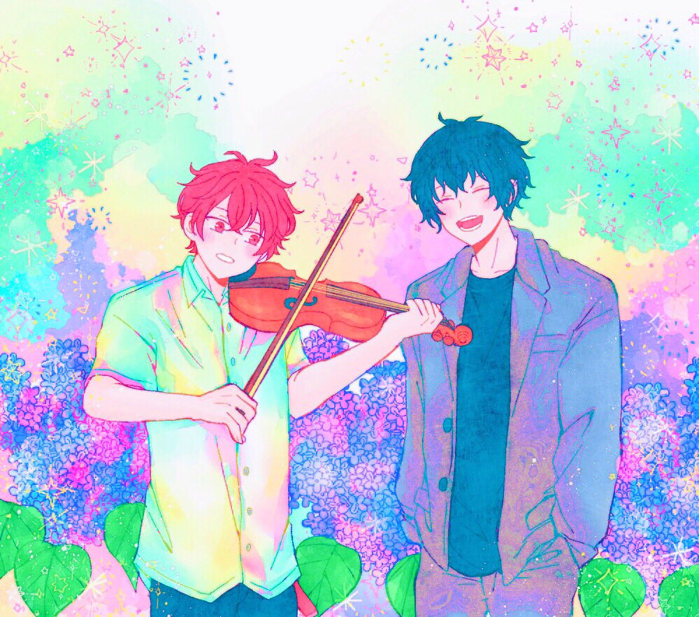2boys, bibibimix39, black_hair, black_pants, collared_shirt, given, holding, holding_instrument