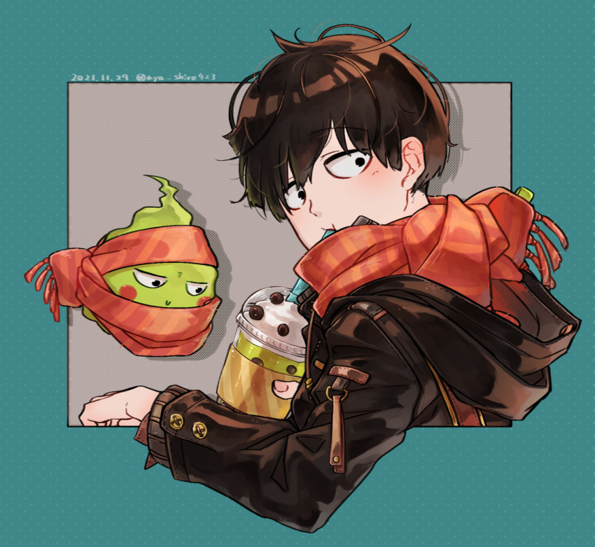 2boys, artist_name, aya_shiro423, black_eyes, black_hair, cropped_torso, cup, dated