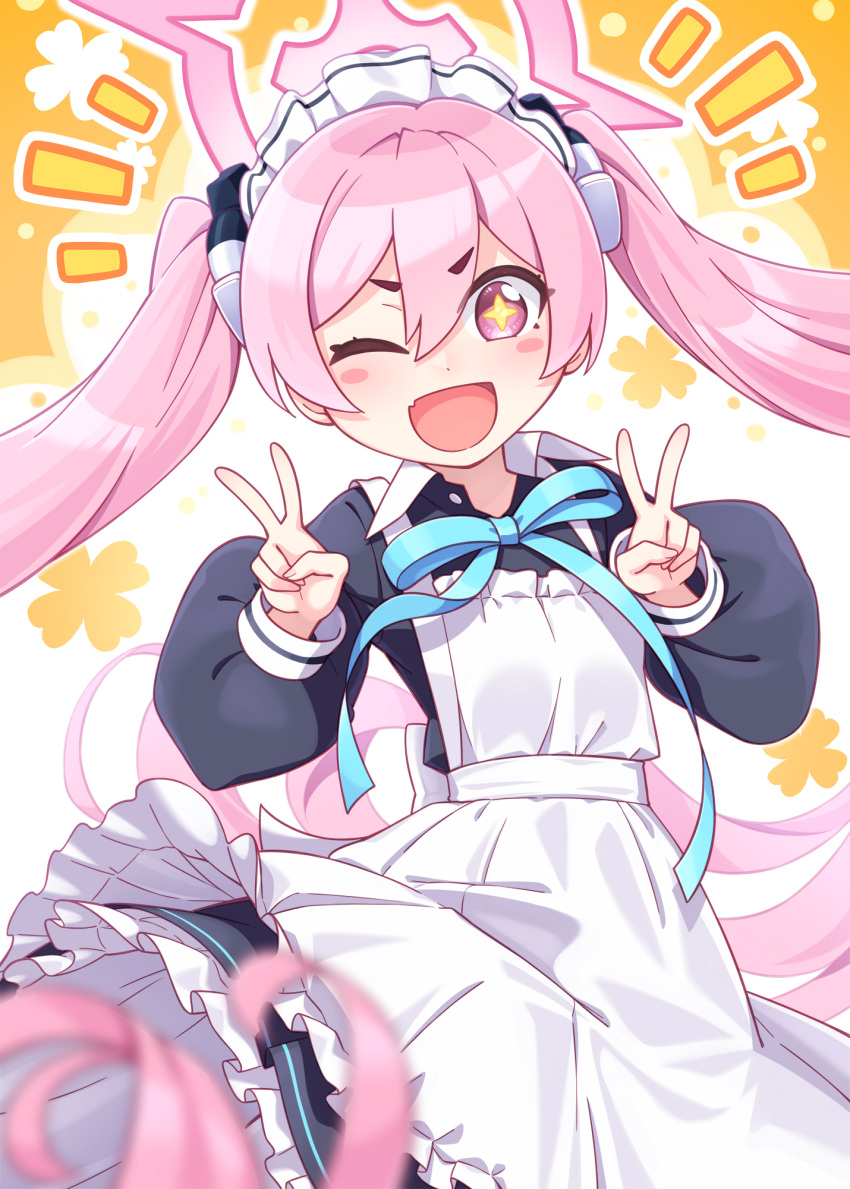 +_+, 1girl, :d, apron, black_dress, blue_archive, blue_ribbon, blush