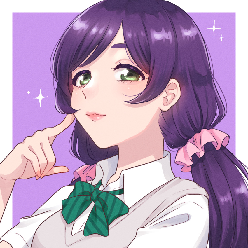 1girl, border, bow, bowtie, breasts, closed_mouth, collared_shirt, commentary