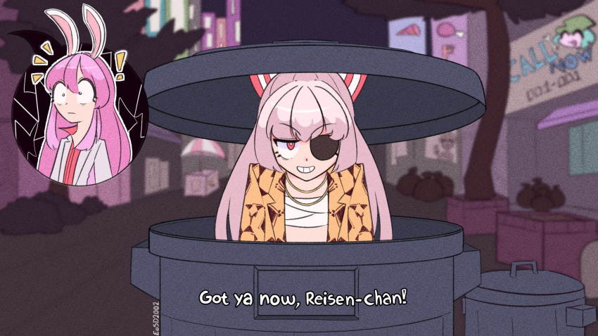 !, 2girls, alley, animal_ears, artist_name, blazer, blunt_bangs, brown_jacket