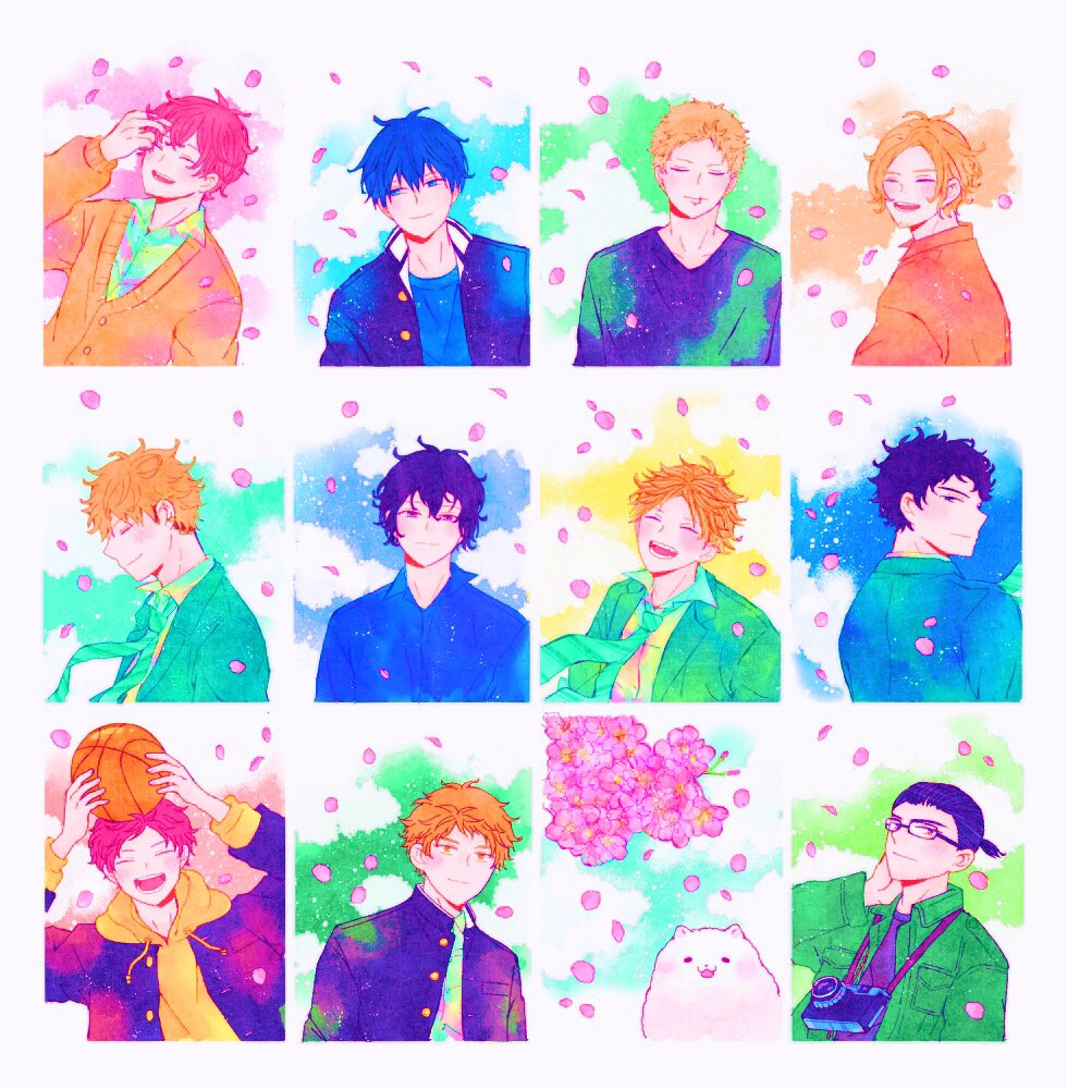 basketball_(object), bibibimix39, blush, camera_around_neck, cherry_blossoms, closed_mouth, clouds, collage