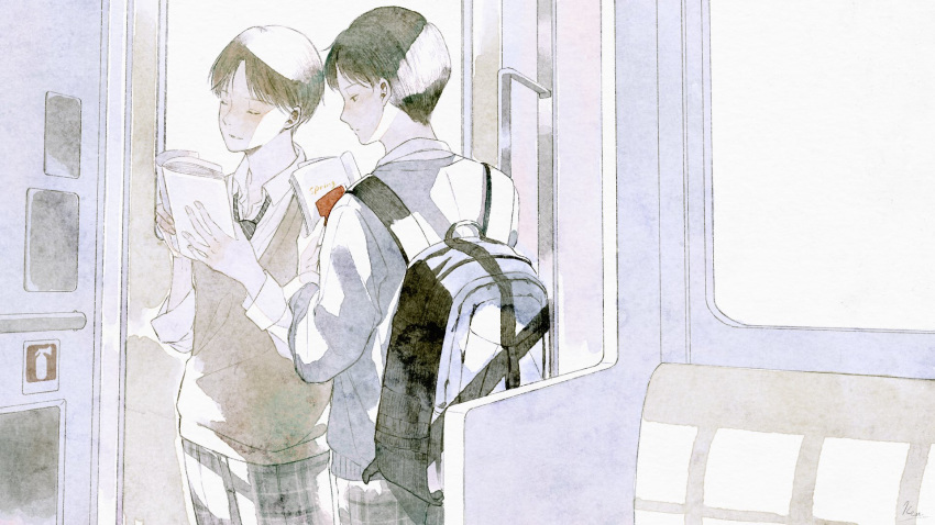2boys, backpack, bag, black_hair, book, brown_hair, closed_eyes, highres, holding, holding_book, kenkyo_msm, male_focus, medium_hair, multiple_boys, necktie, original, reading, school_uniform, sweater, sweater_vest