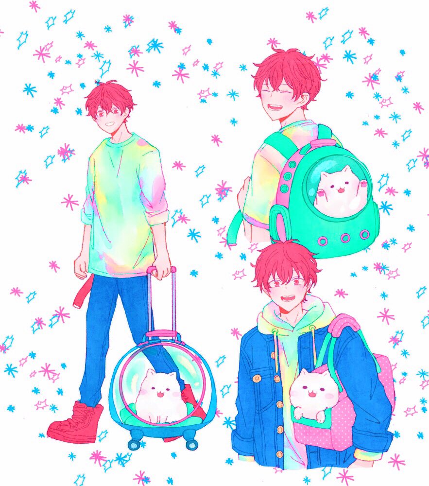 1boy, backpack, bag, bibibimix39, closed_eyes, collage, dog, given