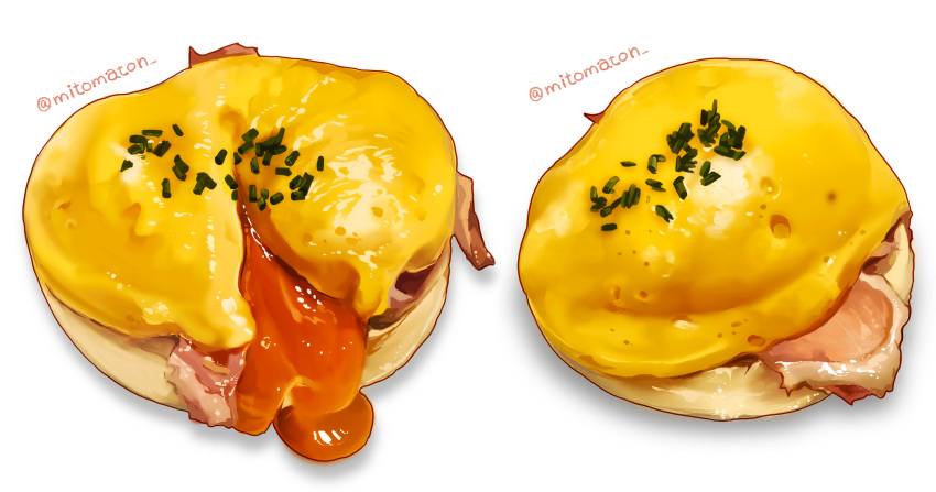 artist_name, bacon, chives, egg_(food), eggs_benedict, food, food_focus, highres, mitomaton, no_humans, original, realistic, simple_background, still_life, twitter_username, white_background