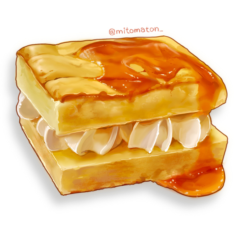 artist_name, cake, castella_(food), food, food_focus, highres, mitomaton, no_humans, original, realistic, simple_background, still_life, syrup, twitter_username, whipped_cream, white_background