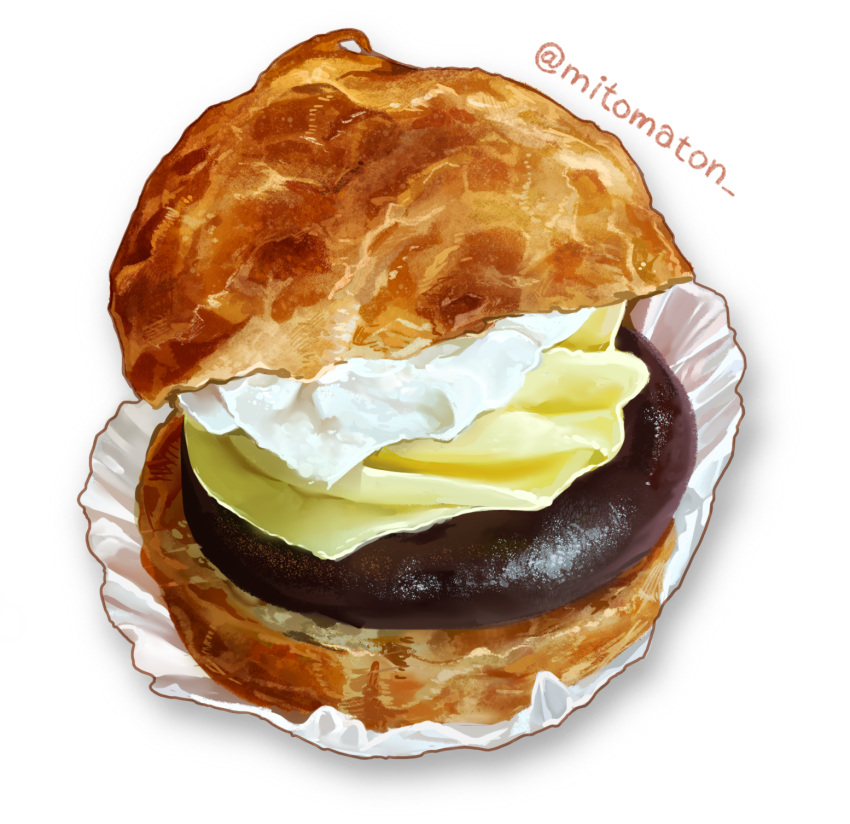 artist_name, cream_puff, custard, food, food_focus, highres, mitomaton, no_humans, original, realistic, red_bean_paste, simple_background, still_life, sweets, twitter_username, whipped_cream, white_background