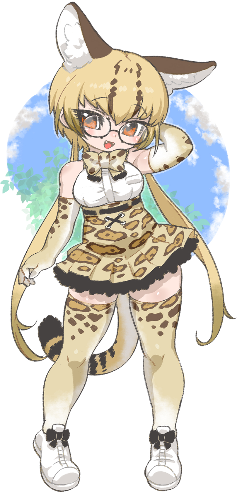 1girl, animal_ears, arm_behind_back, arm_up, black-framed_eyewear, blonde_hair, bow, bowtie