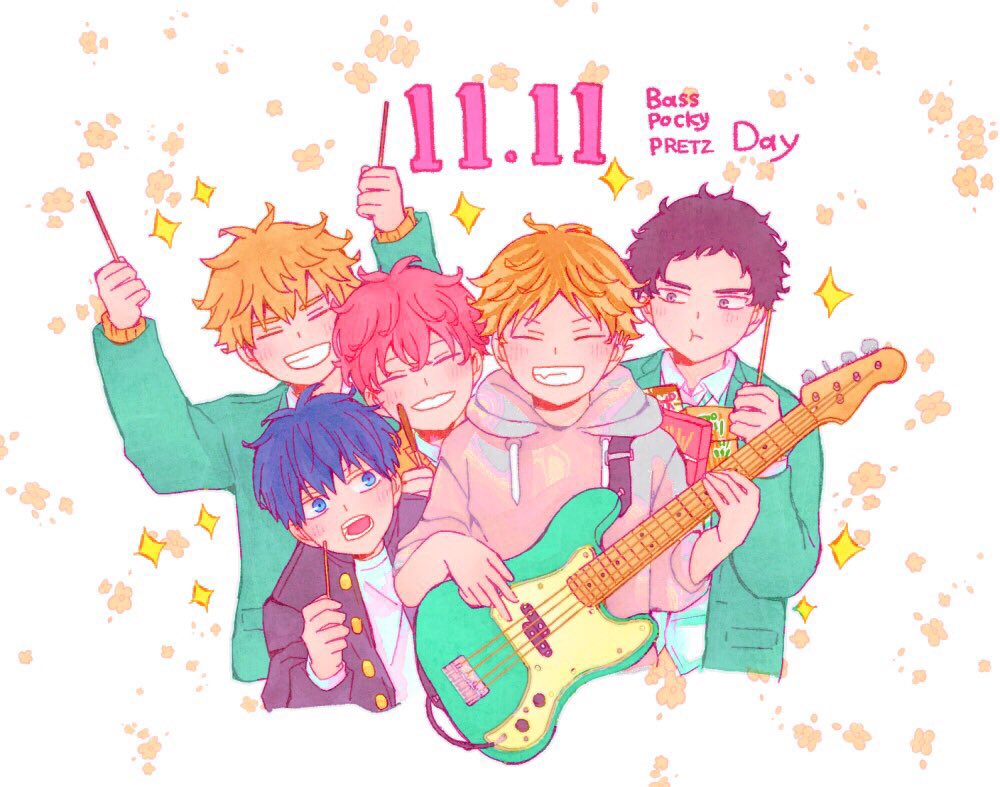5boys, bibibimix39, black_hair, black_jacket, blonde_hair, eating, floral_background, food
