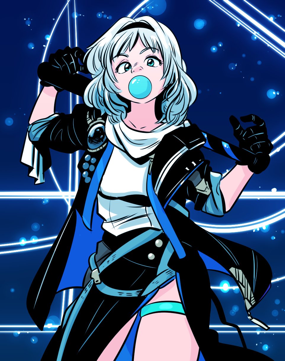 1girl, adapted_costume, baseball_bat, black_hairband, black_jacket, blue_eyes, bubble_blowing, chewing_gum, cosplay, hairband, highres, honkai:_star_rail, honkai_(series), jacket, jd_benefield, kamishiro_rita, no_halo, prism_project, sleeve_rolled_up, solo, stelle_(honkai:_star_rail), stelle_(honkai:_star_rail)_(cosplay), thigh_strap, trailblazer_(honkai:_star_rail), virtual_youtuber, white_hair