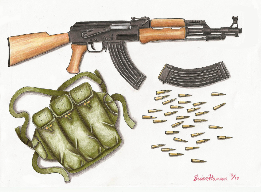absurdres, ammunition, ammunition_pouch, assault_rifle, bayonet, chest_rig, colored_pencil_(medium), commentary