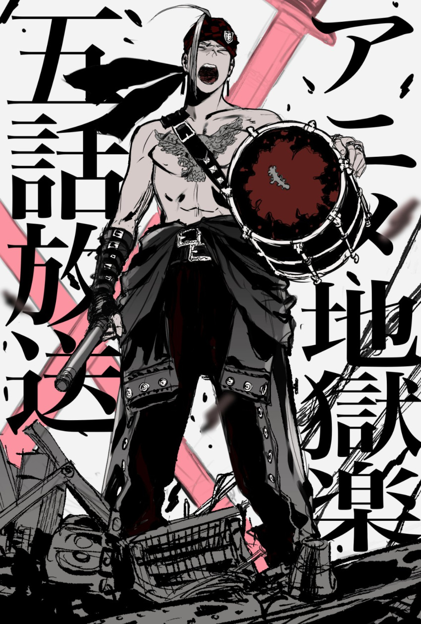1boy, baton_(weapon), black_gloves, black_jacket, chest_tattoo, closed_eyes, clothes_around_waist, debris, earrings, fingerless_gloves, gloves, headband, highres, jacket, jacket_around_waist, jewelry, jigokuraku, official_art, open_mouth, short_hair, single_sidelock, snare_drum, solo, standing, tassel, tassel_earrings, tattoo, topless_male, weapon, wrist_belt, yamada_asaemon_tensa, yuji_kaku