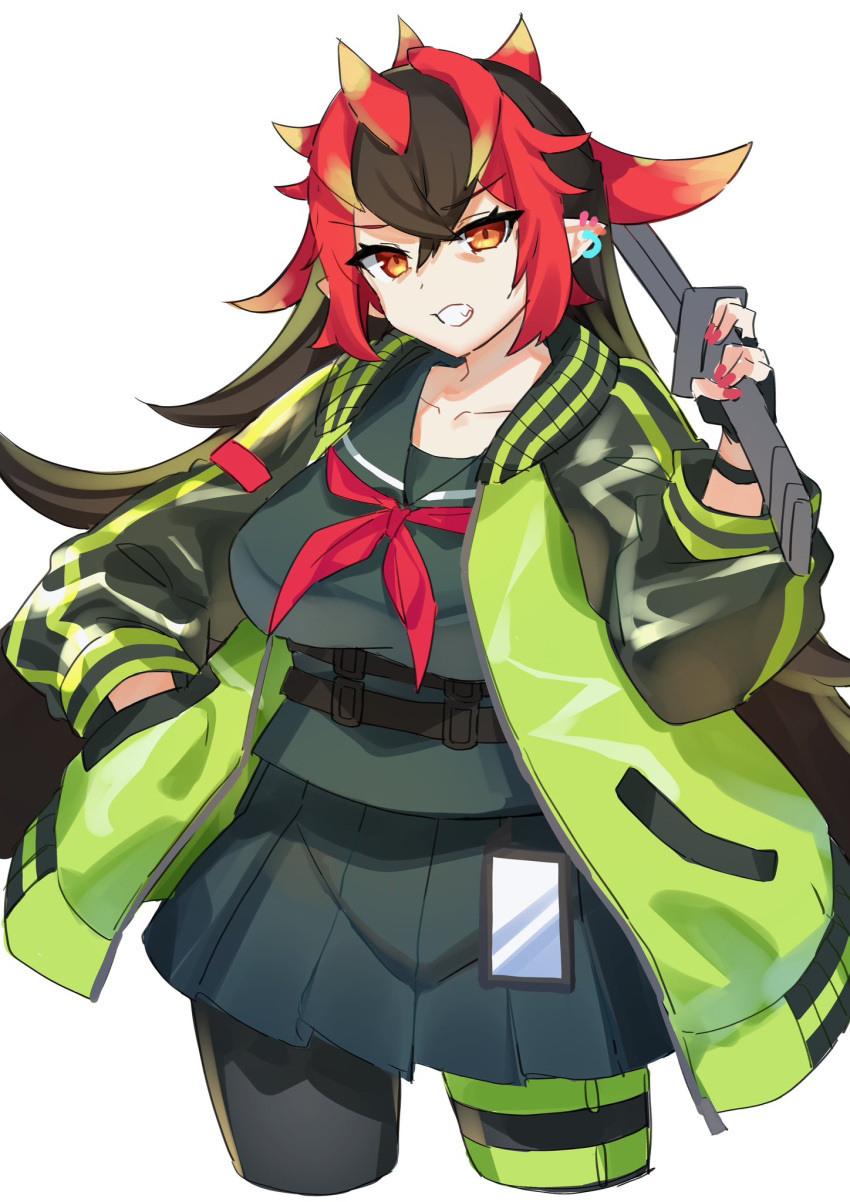1girl, black_serafuku, blonde_hair, breasts, brown_hair, collarbone, colored_tips, cropped_legs, duel_monster, fingerless_gloves, gloves, hand_in_pocket, highres, holding, holding_sword, holding_weapon, jacket, kiriban_(yu-gi-oh!), large_breasts, long_sleeves, multicolored_hair, nail_polish, nernnernneru, open_clothes, open_jacket, pleated_skirt, pointy_ears, red_nails, redhead, school_uniform, serafuku, skirt, solo, spiky_hair, sword, teeth, weapon, yu-gi-oh!