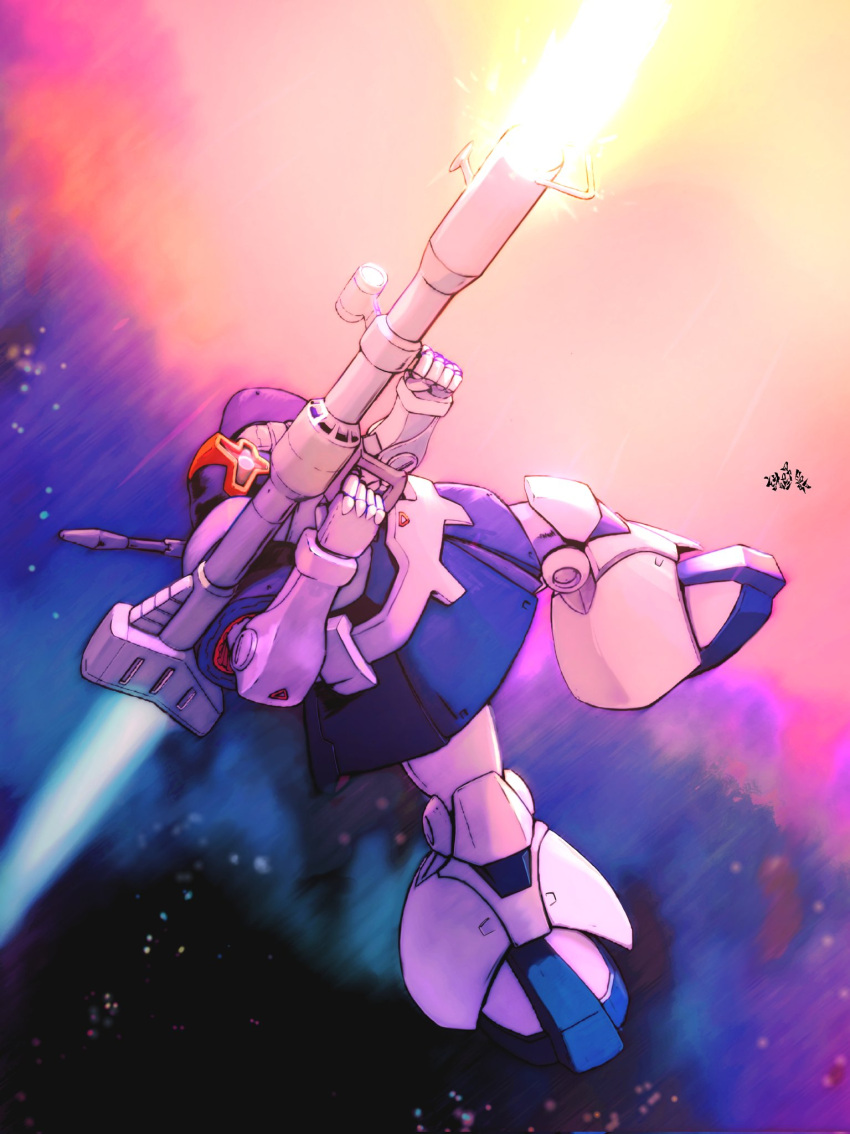 artist_name, bazooka_(gundam), dom, firing, from_side, glowing, glowing_eye, gun