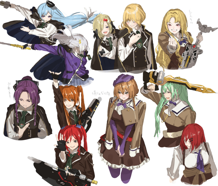 6+girls, :d, absurdres, arm_up, arms_at_sides, assault_lily, bangs_pinned_back, belt