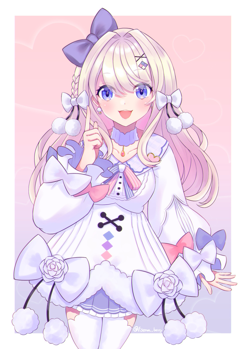 1girl, absurdres, artist_name, blue_bow, blue_eyes, blue_skirt, blush, bow