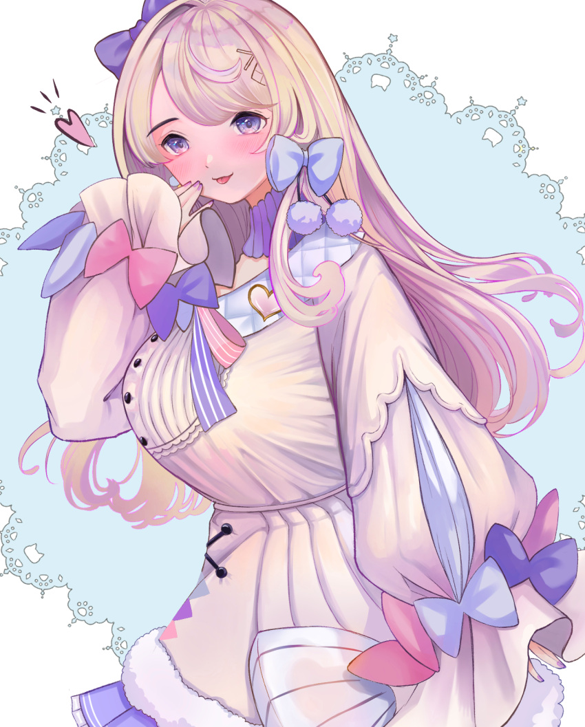 1girl, blue_bow, blue_skirt, blush, bow, brooch, choker, diamond_(shape), diamond_hair_ornament, dress, earrings, fingernails, from_side, fur-trimmed_dress, fur_trim, hair_bow, hair_ornament, hairclip, heart, heart_brooch, highres, indie_virtual_youtuber, jewelry, light_brown_hair, long_sleeves, looking_at_viewer, nail_polish, pink_bow, pink_ribbon, pom_pom_(clothes), pom_pom_earrings, purple_bow, purple_choker, purple_nails, purple_ribbon, rhombus, ribbon, single_hair_intake, skirt, sleeves_past_wrists, smile, solo, striped, striped_bow, swept_bangs, tongue, tongue_out, two-tone_ribbon, violet_eyes, virtual_youtuber, watagashi_unou, white_background, white_dress, x_hair_ornament, yawaraka_binta