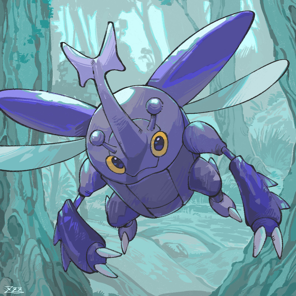 claws, closed_mouth, commentary_request, flying, forest, heracross, looking_at_viewer, nature, no_humans, outdoors, oyasuminjyutsu, pokemon, pokemon_(creature), signature, smile, solo, tree