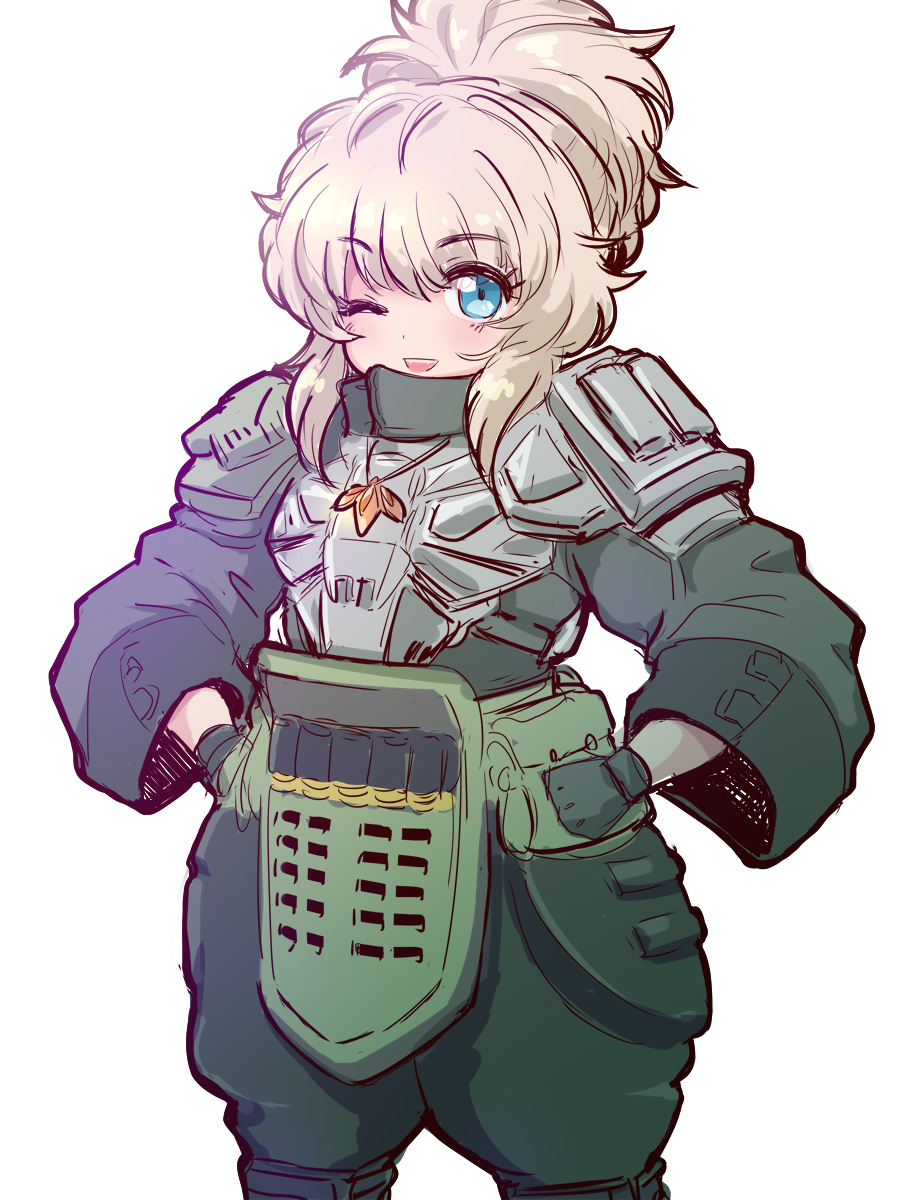 1girl, :d, armor, blue_eyes, blush, breastplate, clenched_hands, goddess_of_victory:_nikke