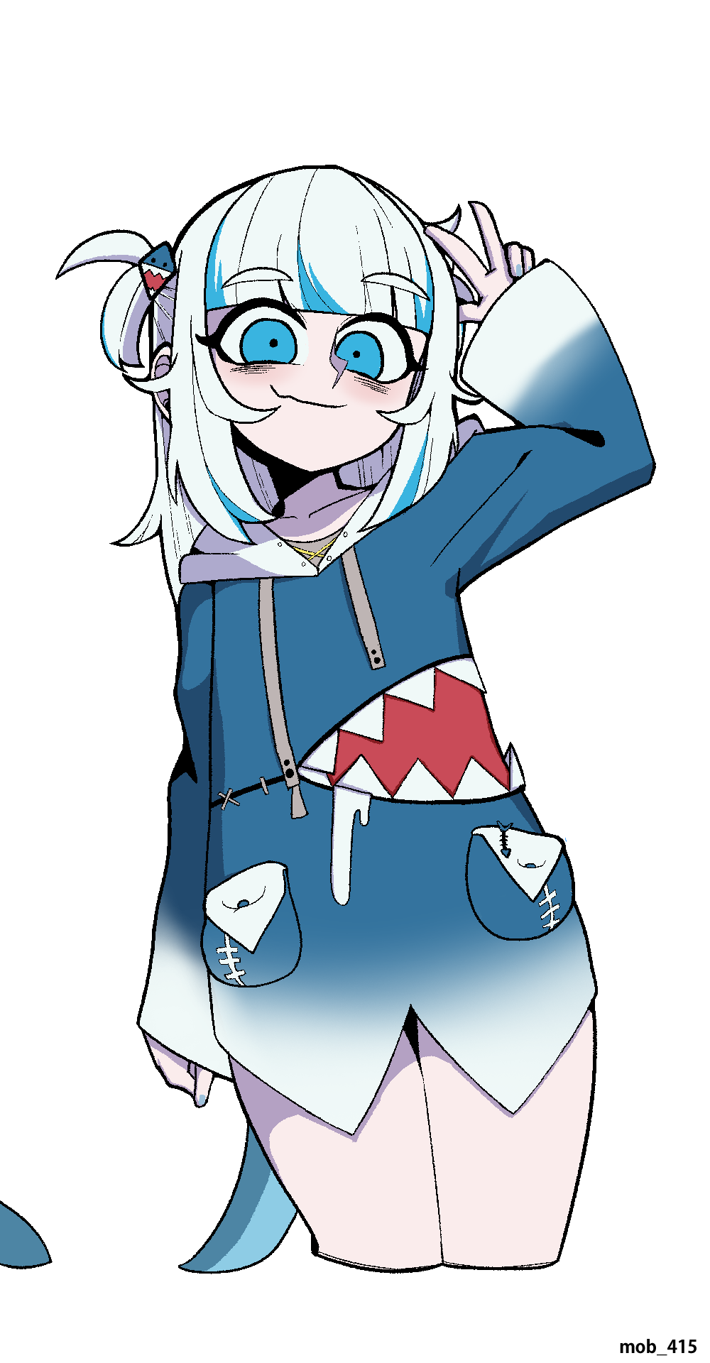 1girl, animal_costume, animal_hood, artist_request, blue_eyes, blue_hair, blue_hoodie, fins