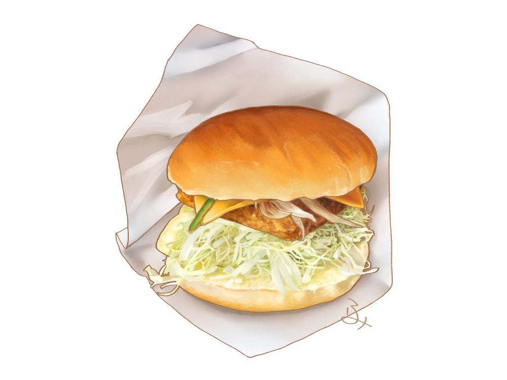 aon968, burger, cheese, commentary, fish_burger, food, food_focus, fried_fish, lettuce, no_humans, original, realistic, signature, simple_background, still_life, white_background